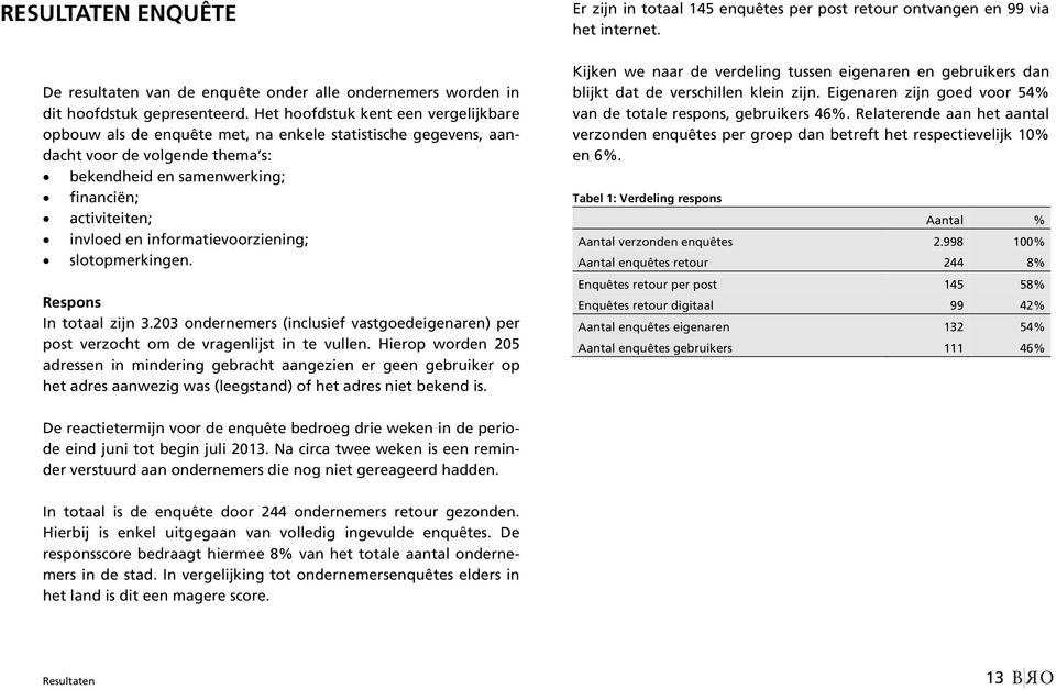 informatievoorziening; slotopmerkingen. Respons In totaal zijn 3.203 ondernemers (inclusief vastgoedeigenaren) per post verzocht om de vragenlijst in te vullen.