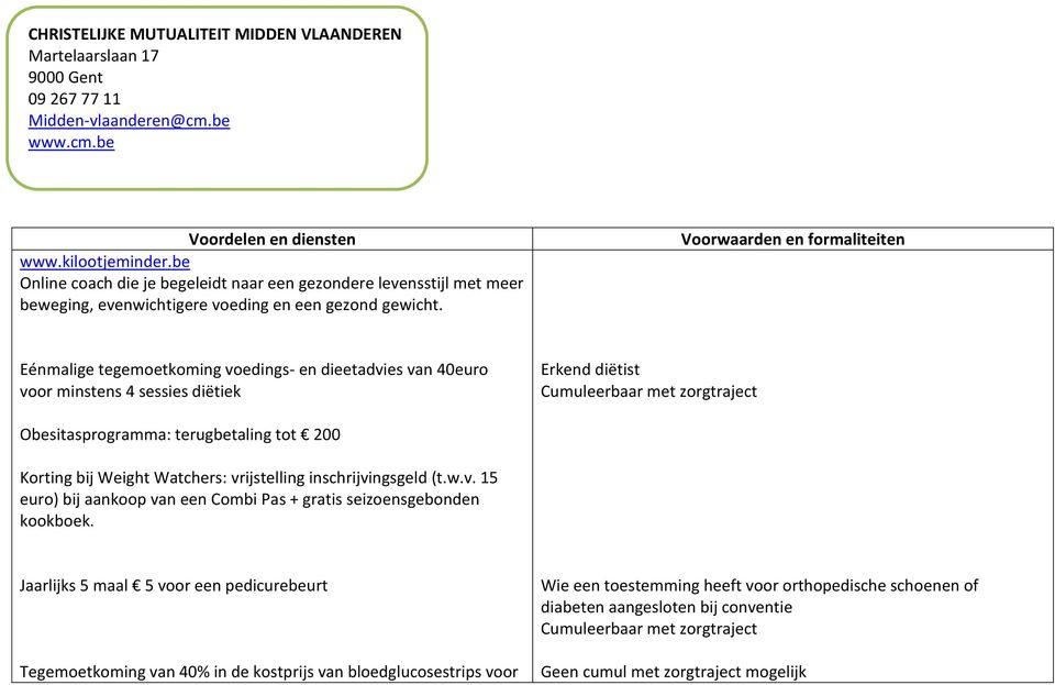 Eénmalige tegemoetkoming voedings- en dieetadvies van 40euro voor minstens 4 sessies diëtiek Erkend diëtist Cumuleerbaar met zorgtraject Obesitasprogramma: terugbetaling tot 200 Korting bij Weight