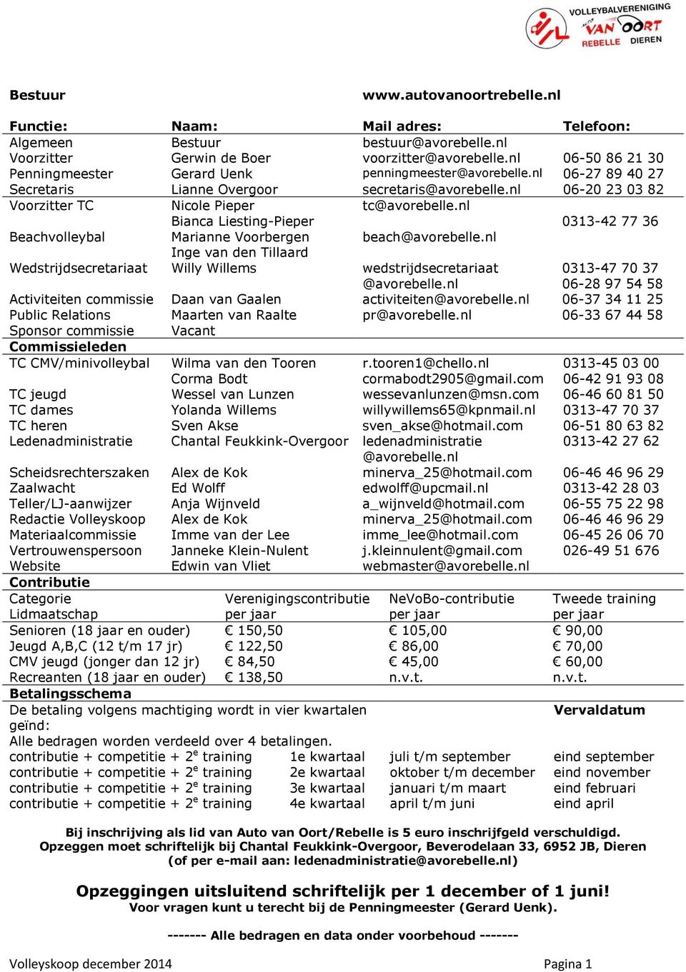 nl Bianca Liesting-Pieper 0313-42 77 36 Beachvolleybal Marianne Voorbergen beach@avorebelle.nl Inge van den Tillaard Wedstrijdsecretariaat Willy Willems wedstrijdsecretariaat @avorebelle.