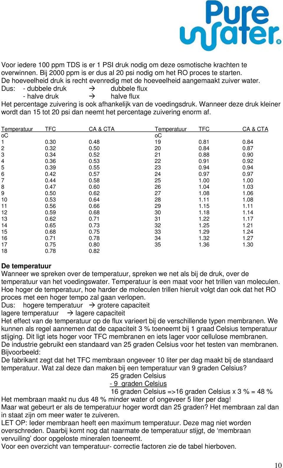 Dus: - dubbele druk dubbele flux - halve druk halve flux Het percentage zuivering is ook afhankelijk van de voedingsdruk.