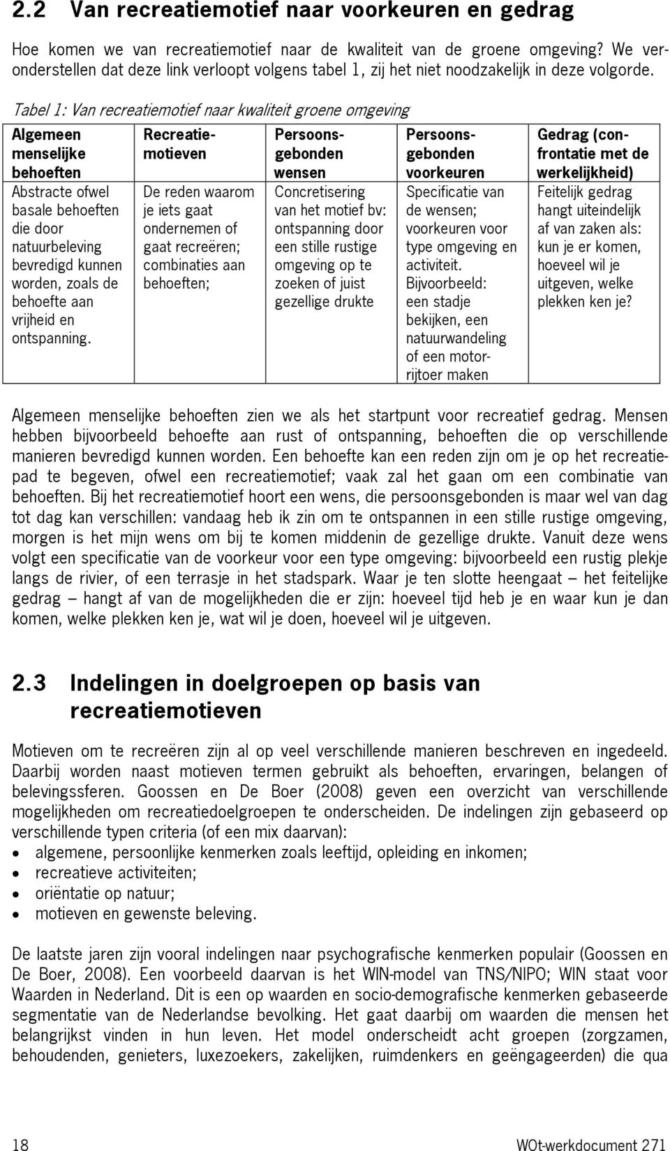 Tabel 1: Van recreatiemotief naar kwaliteit groene omgeving Algemeen menselijke behoeften Abstracte ofwel basale behoeften die door natuurbeleving bevredigd kunnen worden, zoals de behoefte aan