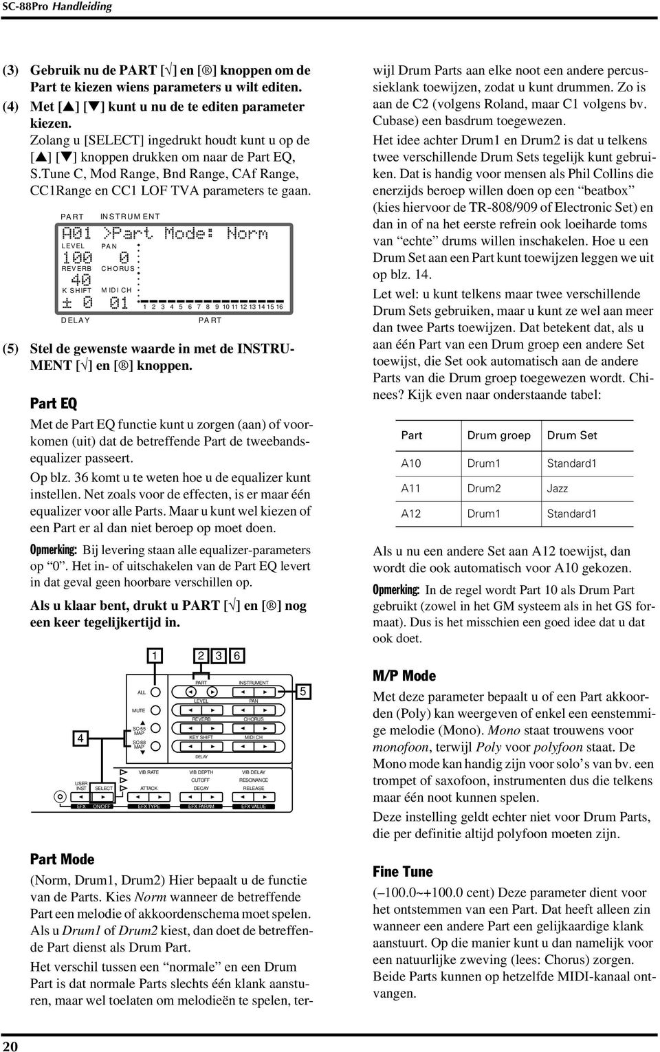 A01 LEVEL 100 REVERB 40 K SHIFT ± 0 DELAY INSTRUMENT >Part Mode: Norm PAN 0 CHORUS MIDI CH 01 (5) Stel de gewenste waarde in met de INSTRU- MENT [ ] en [ ] knoppen.