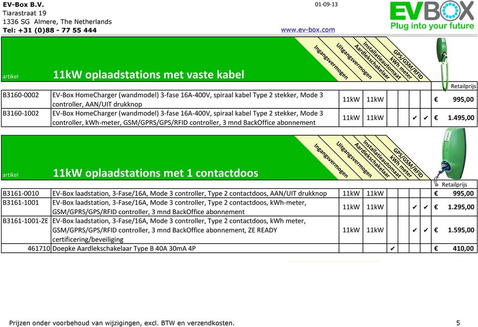 3 conolle, kwh- ee, GSM/GPRS/GPS conolle, 3 nd BackOffice abonne B3161-0010 B3161-1001 EV- Box laadsaion, 3- Fase/16A, Mode 3 conolle, Type 2 conacdoos, AAN/UIT dukknop EV- Box laadsaion, 3-