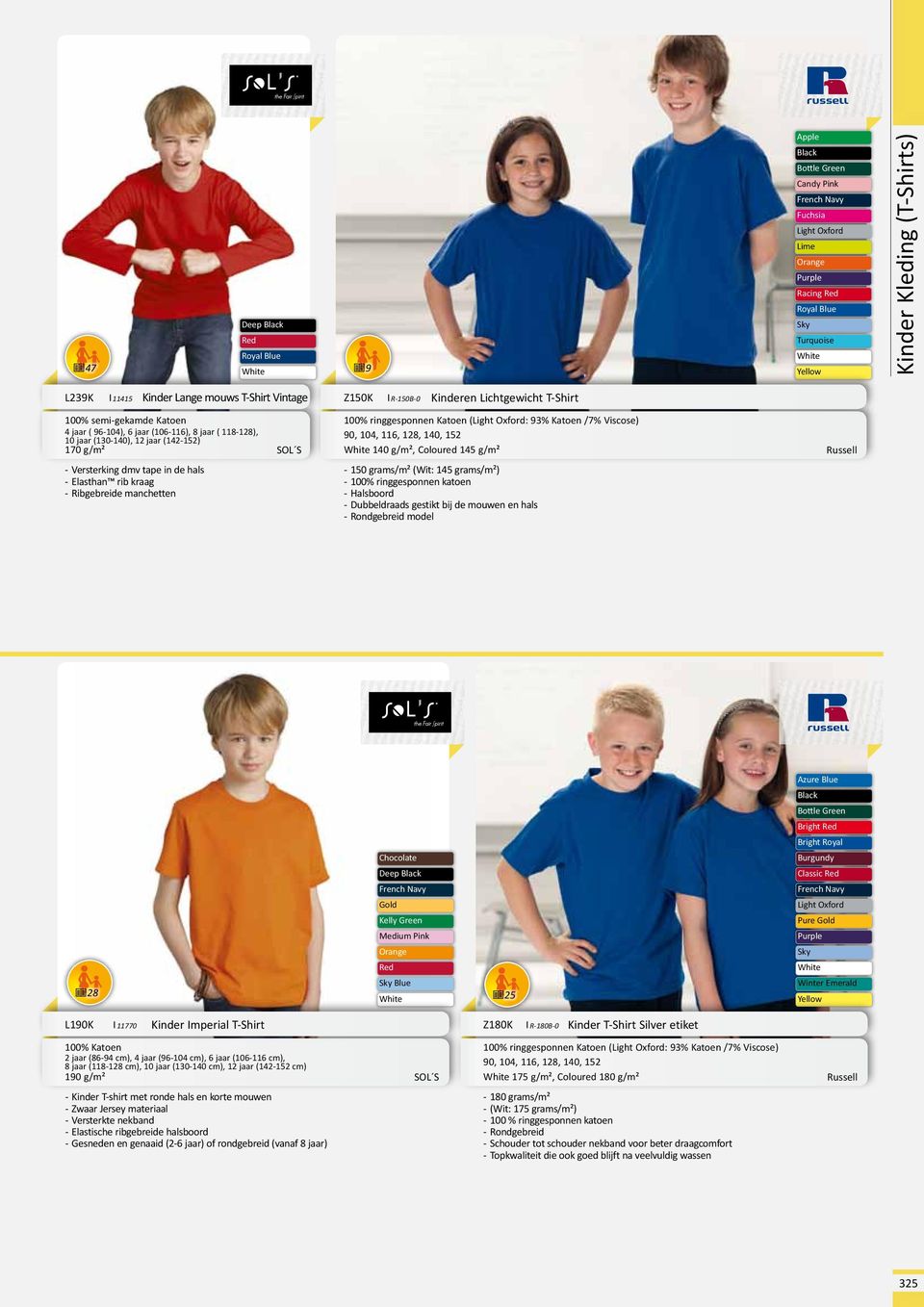 Kinderen Lichtgewicht T-Shirt 100% ringgesponnen Katoen (Light Oxford: 93% Katoen /7% Viscose) 90, 104, 116, 128, 140, 152 140 g/m², Coloured 145 g/m² 150 grams/m² (Wit: 145 grams/m²) 100%