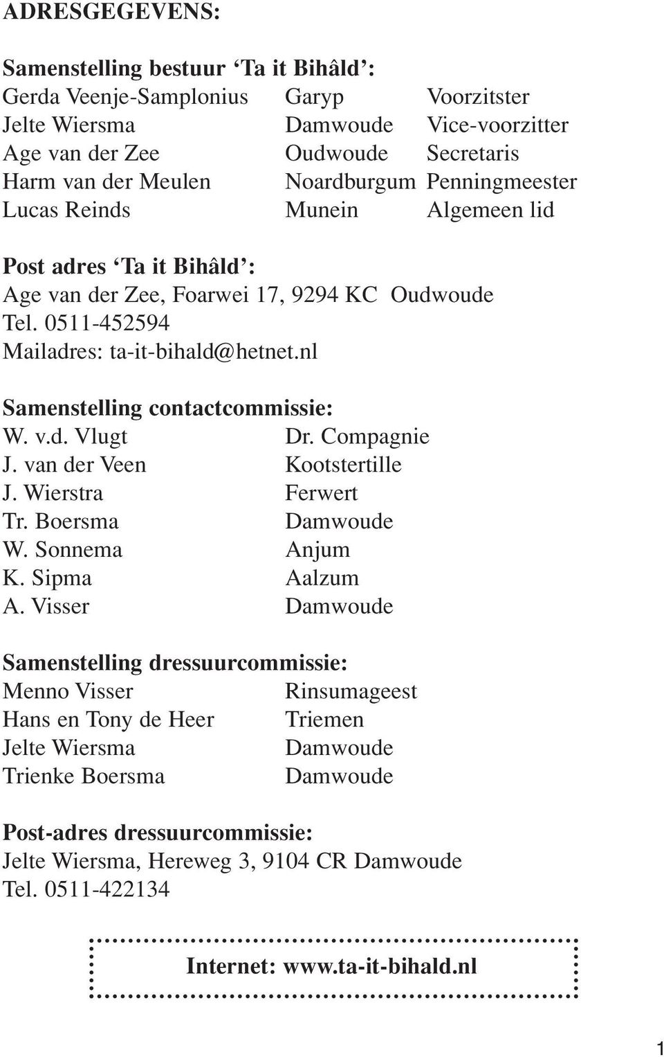 nl Samenstelling contactcommissie: W. v.d. Vlugt Dr. Compagnie J. van der Veen Kootstertille J. Wierstra Ferwert Tr. Boersma Damwoude W. Sonnema Anjum K. Sipma Aalzum A.