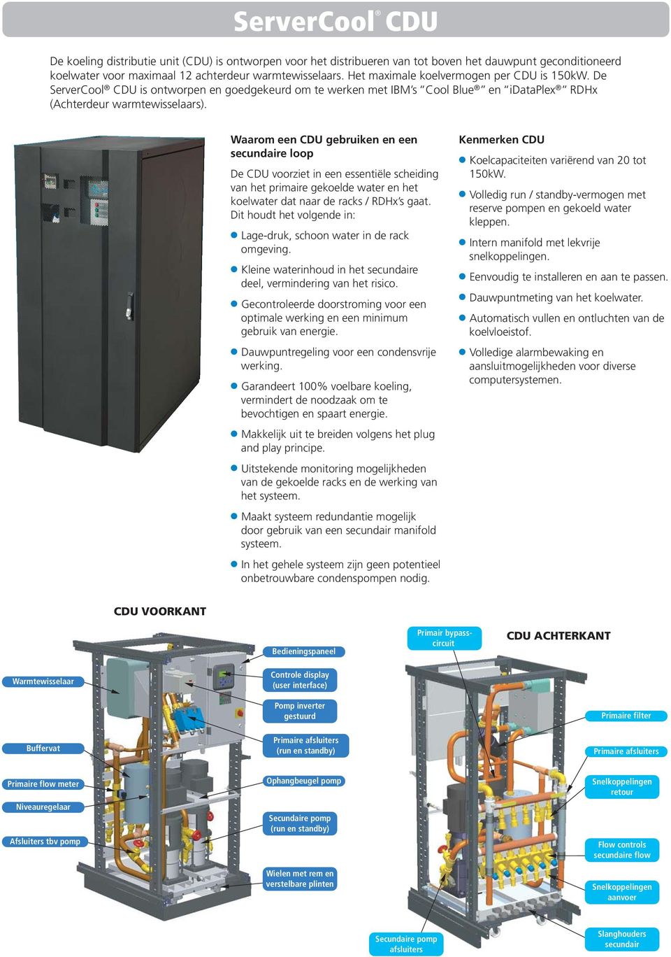 Waarom een CDU gebruiken en een secundaire loop De CDU voorziet in een essentiële scheiding van het primaire gekoelde water en het koelwater dat naar de racks / RDHx s gaat.