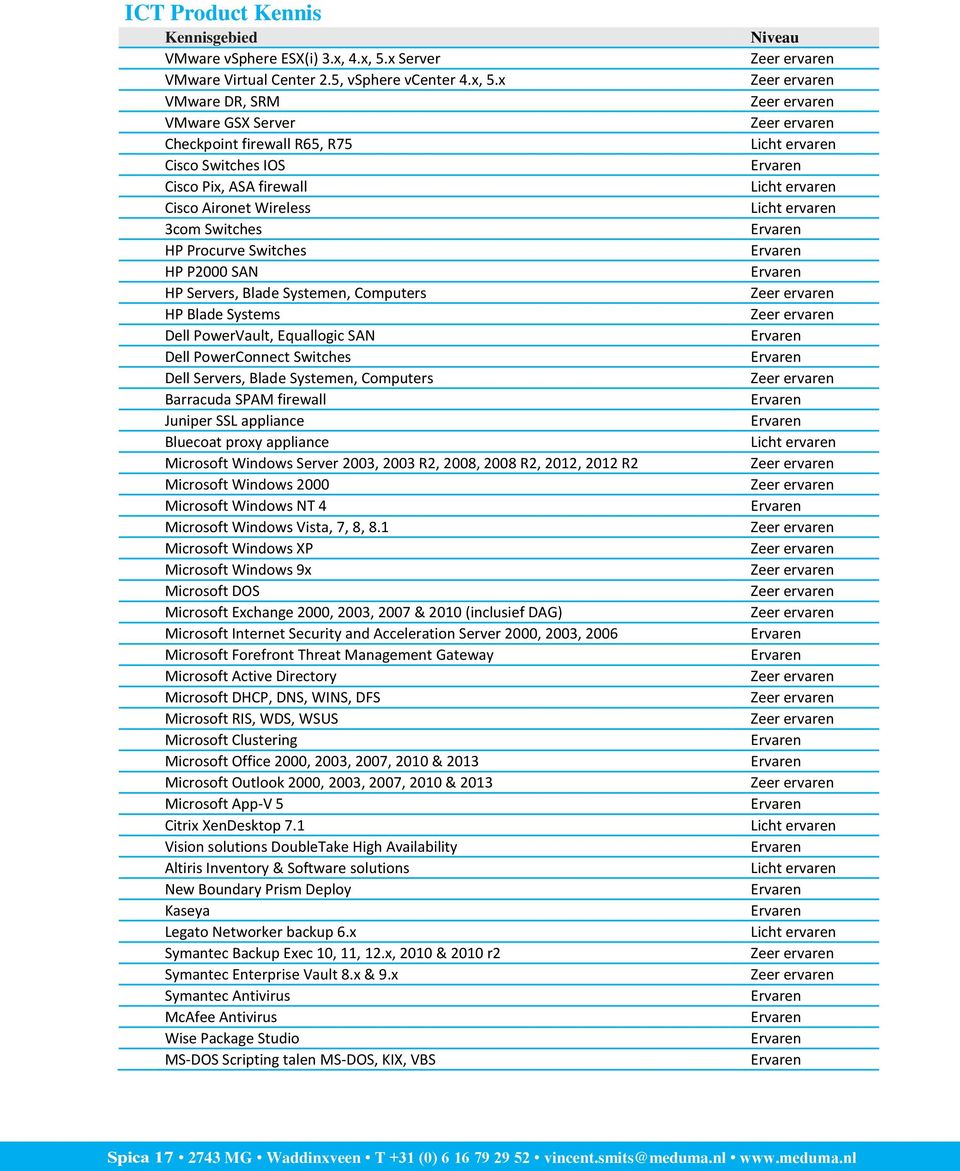 x VMware DR, SRM VMware GSX Server Checkpoint firewall R65, R75 Cisco Switches IOS Cisco Pix, ASA firewall Cisco Aironet Wireless 3com Switches HP Procurve Switches HP P2000 SAN HP Servers, Blade