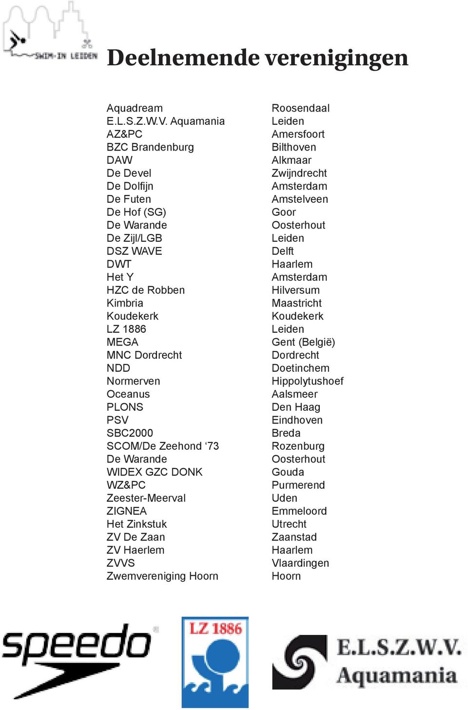 Normerven Oceanus PLONS PSV SBC2000 SCOM/De Zeehond 73 De Warande WIDEX GZC DONK WZ&PC Zeester-Meerval ZIGNEA Het Zinkstuk ZV De Zaan ZV Haerlem ZVVS Zwemvereniging Hoorn Roosendaal