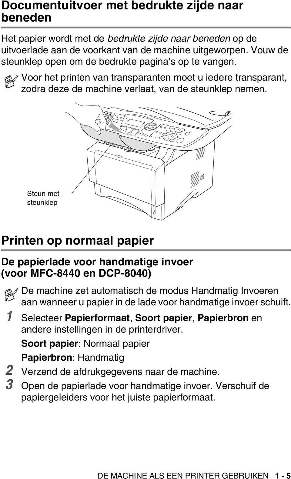 Steun met steunklep Printen op normaal papier De papierlade voor handmatige invoer (voor MFC-8440 en DCP-8040) De machine zet automatisch de modus Handmatig Invoeren aan wanneer u papier in de lade