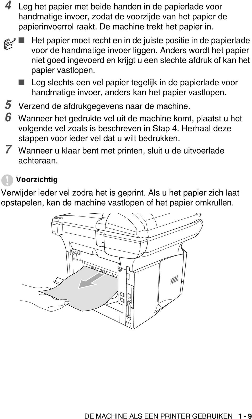 Leg slechts een vel papier tegelijk in de papierlade voor handmatige invoer, anders kan het papier vastlopen. 5 Verzend de afdrukgegevens naar de machine.