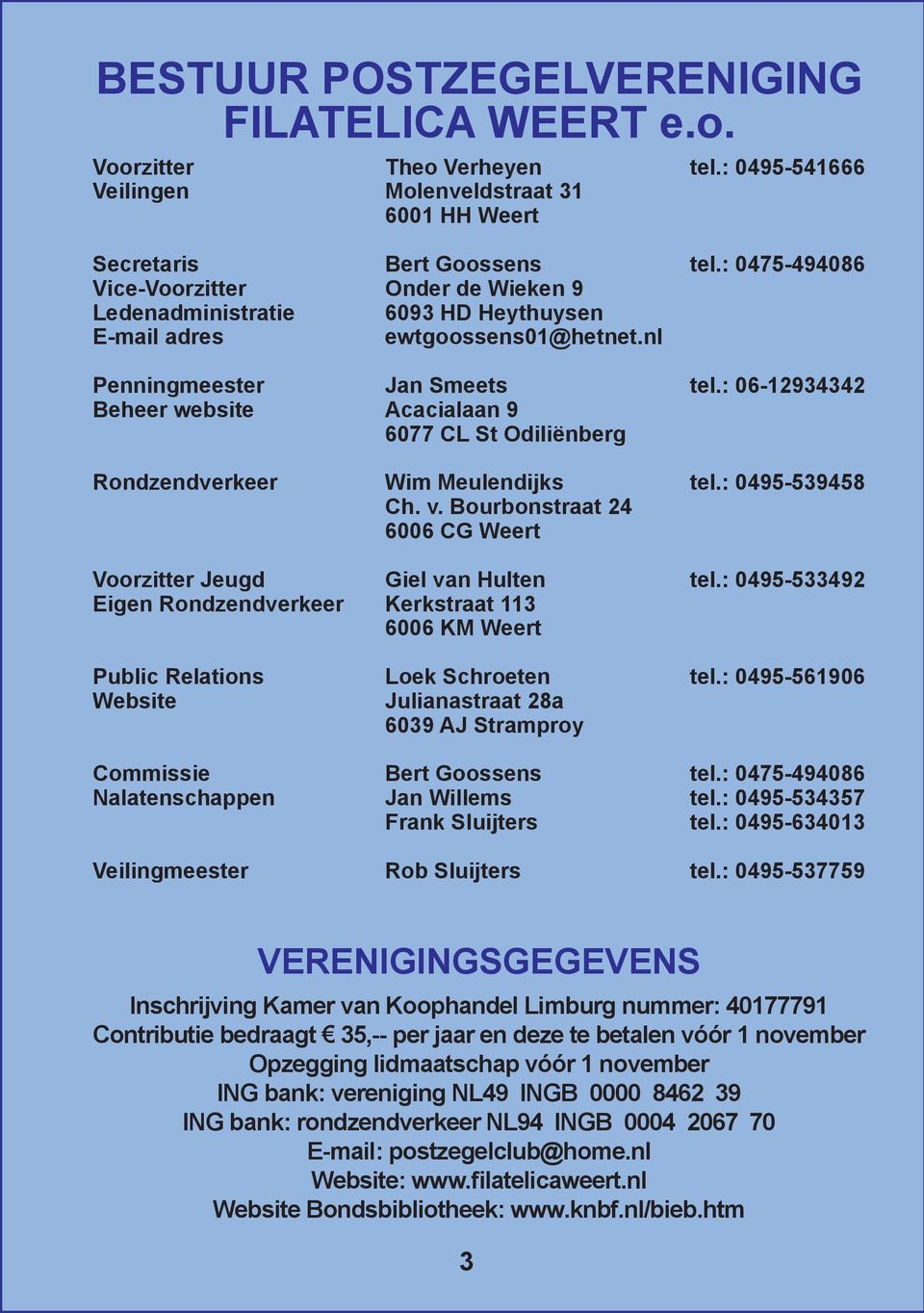 Nalatenschappen Veilingmeester Bert Goossens Onder de Wieken 9 6093 HD Heythuysen ewtgoossens01@hetnet.nl Jan Smeets Acacialaan 9 6077 CL St Odiliënberg Wim Meulendijks Ch. v.