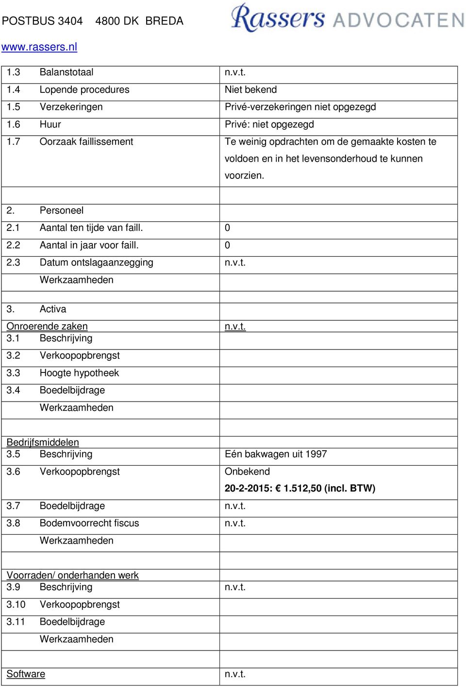 2 Aantal in jaar voor faill. 0 2.3 Datum ontslagaanzegging n.v.t. 3. Activa Onroerende zaken 3.1 Beschrijving 3.2 Verkoopopbrengst 3.3 Hoogte hypotheek 3.4 Boedelbijdrage n.v.t. Bedrijfsmiddelen 3.