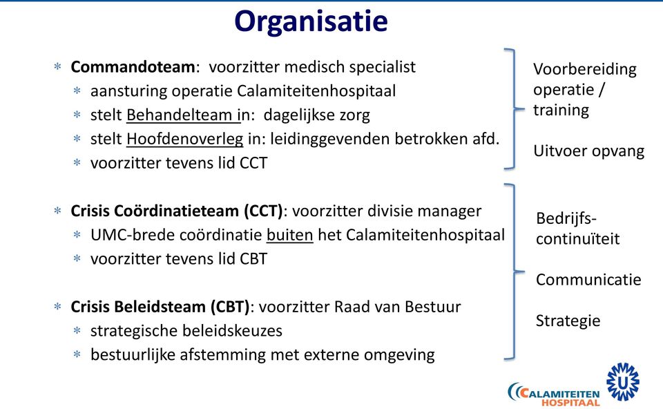 voorzitter tevens lid CCT Crisis Coördinatieteam (CCT): voorzitter divisie manager UMC-brede coördinatie buiten het Calamiteitenhospitaal