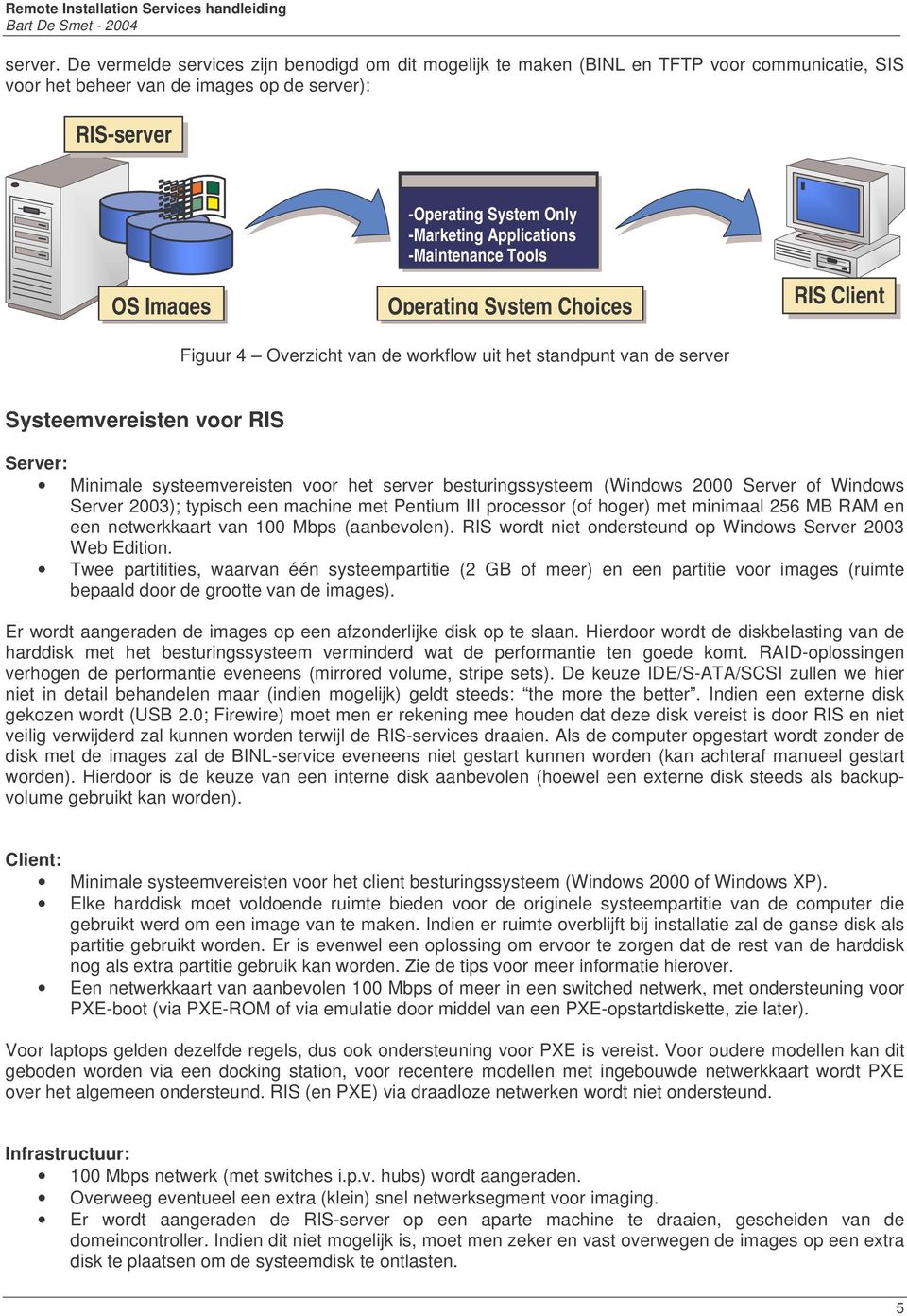 -Maintenance Tools OS Images Operating System Choices RIS Client Figuur 4 Overzicht van de workflow uit het standpunt van de server Systeemvereisten voor RIS Server: Minimale systeemvereisten voor