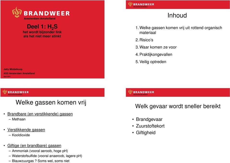 Veilig optreden Jetty Middelkoop AGS Amsterdam Amstelland April 2014 Welke gassen komen vrij Brandbare (en verstikkende) gassen Methaan