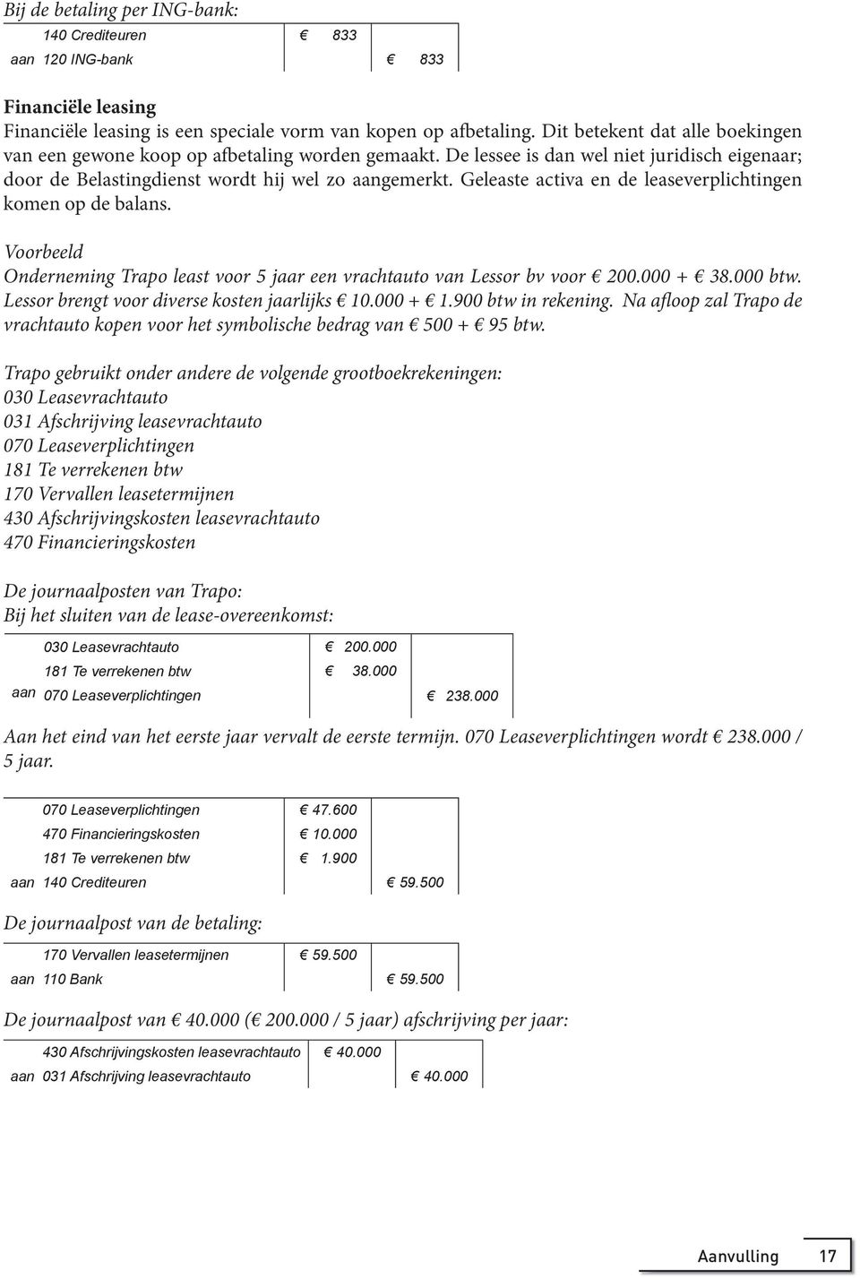 Geleaste activa en de leaseverplichtingen komen op de balans. Voorbeeld Onderneming Trapo least voor 5 jaar een vrachtauto van Lessor bv voor 200.000 + 38.000 btw.