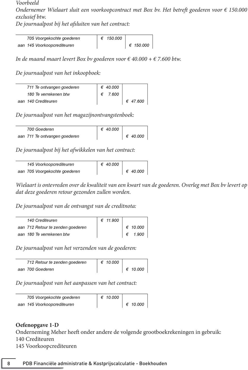 600 140 Crediteuren 47.600 De journaalpost van het magazijnontvangstenboek: 700 Goederen 40.000 711 Te ontvangen goederen 40.