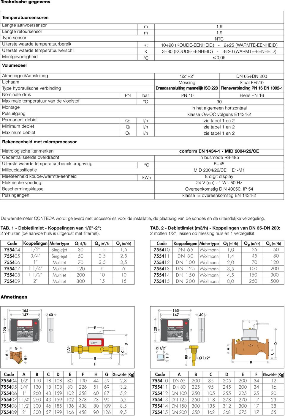temperatuur van de vloeistof Montage Pulsuitgang Permanent debiet Minimum debiet Maximum debiet Qp Qi Qs bar C l/h l/h l/h 1/2 2 DN 65 DN 200 Messing Staal FE510 Draadaansluiting mannelijk ISO 228