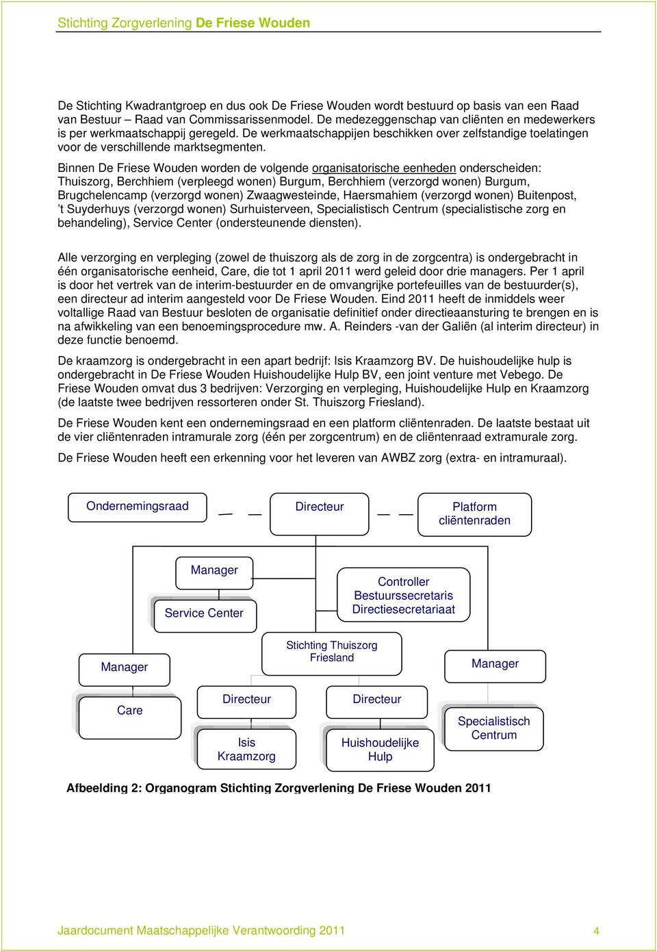 Binnen De Friese Wouden worden de volgende organisatorische eenheden onderscheiden: Thuiszorg, Berchhiem (verpleegd wonen) Burgum, Berchhiem (verzorgd wonen) Burgum, Brugchelencamp (verzorgd wonen)