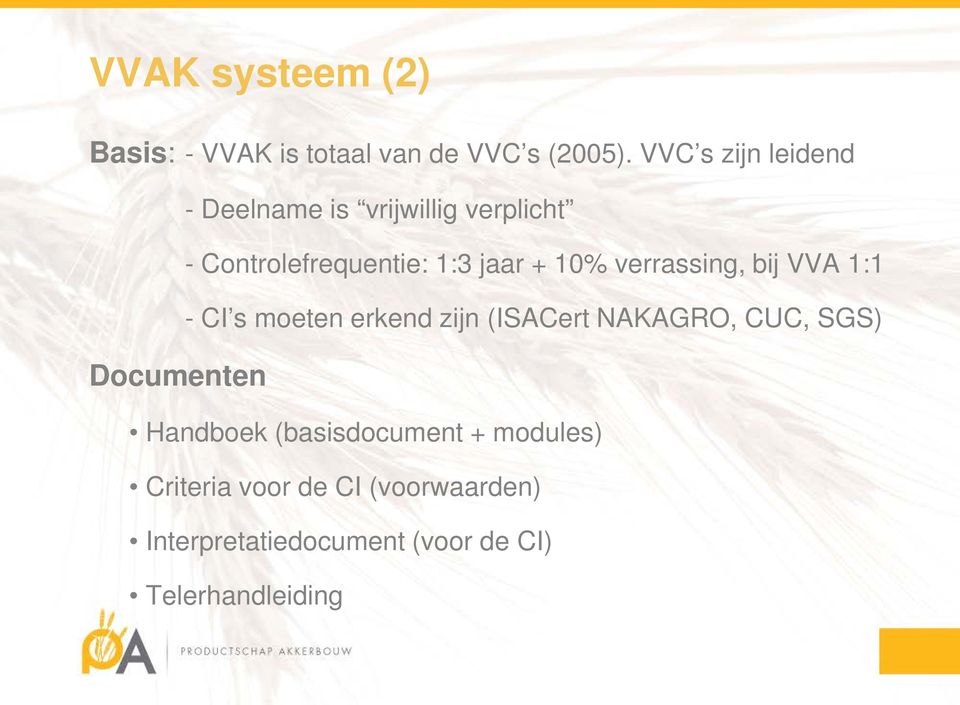 verrassing, bij VVA 1:1 - CI s moeten erkend zijn (ISACert NAKAGRO, CUC, SGS) Documenten