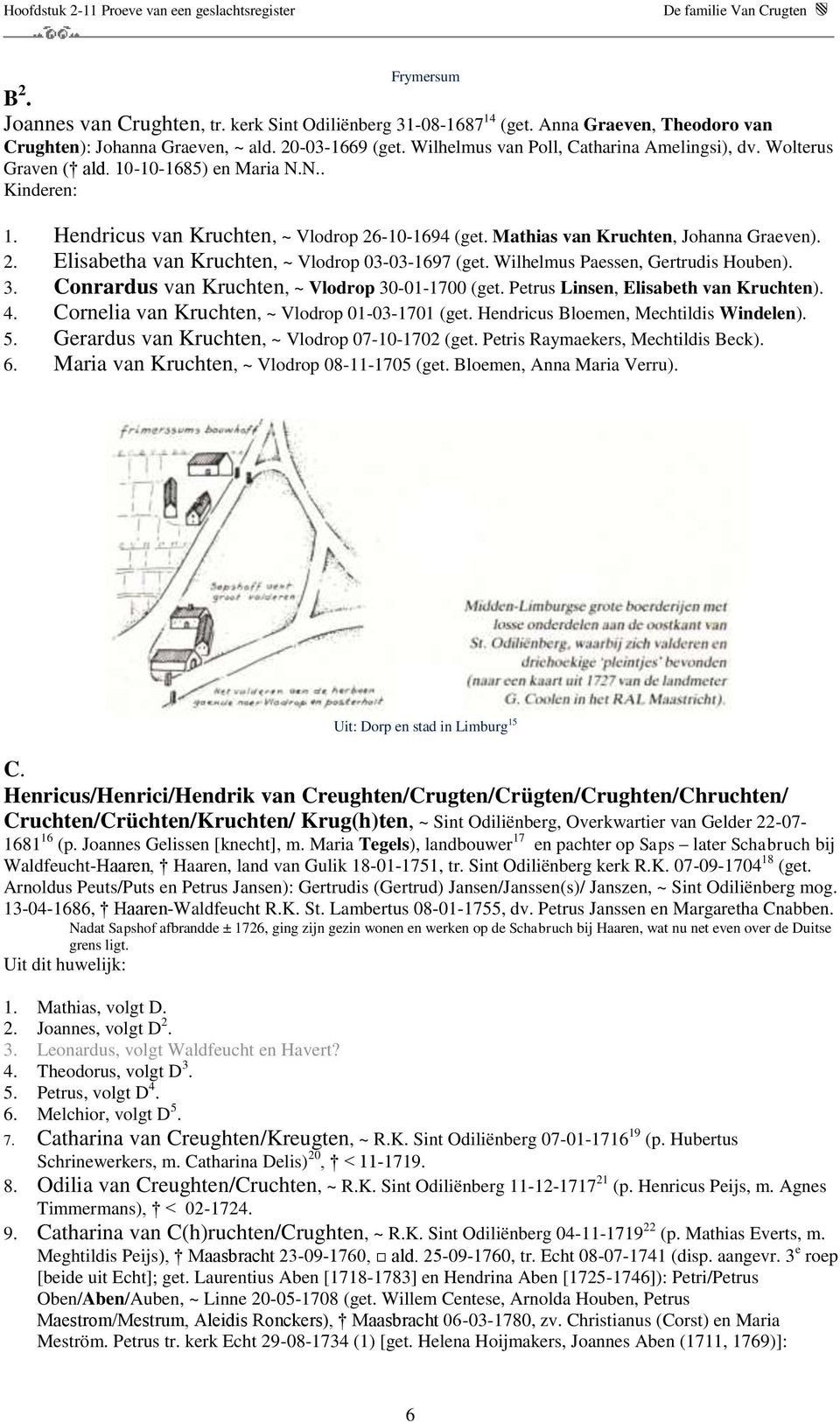 2. Elisabetha van Kruchten, ~ Vlodrop 03-03-1697 (get. Wilhelmus Paessen, Gertrudis Houben). 3. Conrardus van Kruchten, ~ Vlodrop 30-01-1700 (get. Petrus Linsen, Elisabeth van Kruchten). 4.