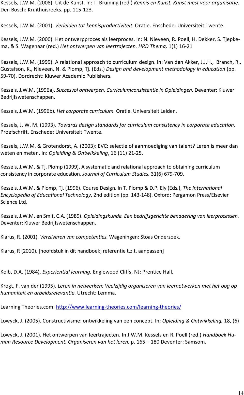 Wagenaar (red.) Het ontwerpen van leertrajecten. HRD Thema, 1(1) 16-21 Kessels, J.W.M. (1999). A relational approach to curriculum design. In: Van den Akker, J.J.H., Branch, R., Gustafson, K.