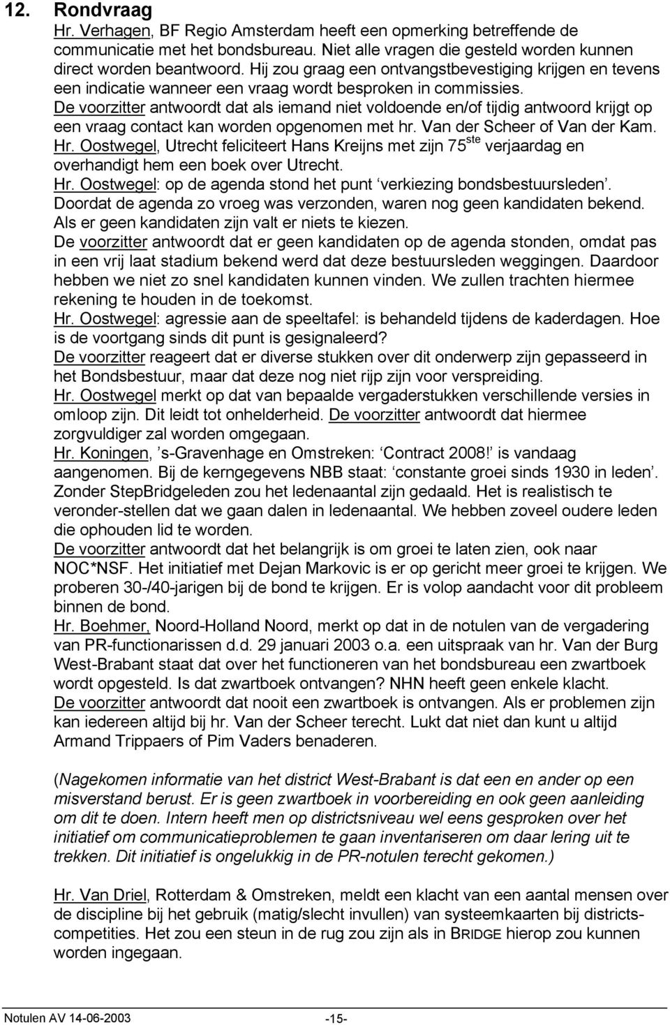 De voorzitter antwoordt dat als iemand niet voldoende en/of tijdig antwoord krijgt op een vraag contact kan worden opgenomen met hr. Van der Scheer of Van der Kam. Hr.