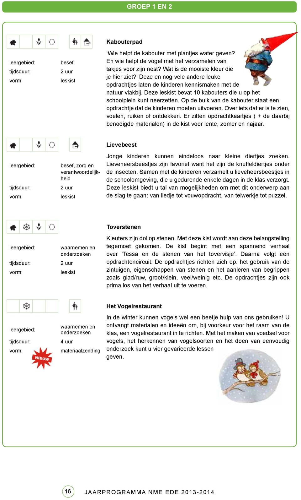 Op de buik van de kabouter staat een opdrachtje dat de kinderen moeten uitvoeren. Over iets dat er is te zien, voelen, ruiken of ontdekken.