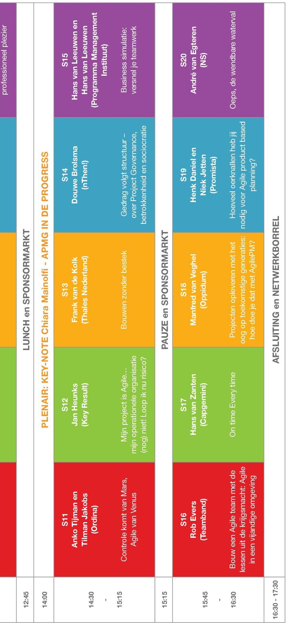 Bouwen zonder bestek Gedrag volgt structuur over Project Governance, betrokkenheid en sociocratie 15:15 PAUZE en SPONSORMARKT 15:45 - S16 Rob Evers (Teamband) S17 Hans van Zanten (Capgemini) S18