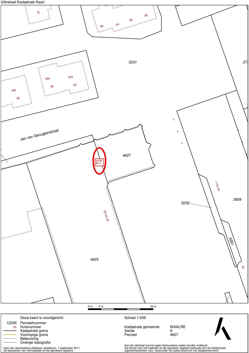 2011 De bewaarder van het kadaster en de openbare registers Schaal 1:500 Kadastrale gemeente Sectie Perceel WAALRE A 4627 Aan dit uittreksel kunnen geen betrouwbare maten
