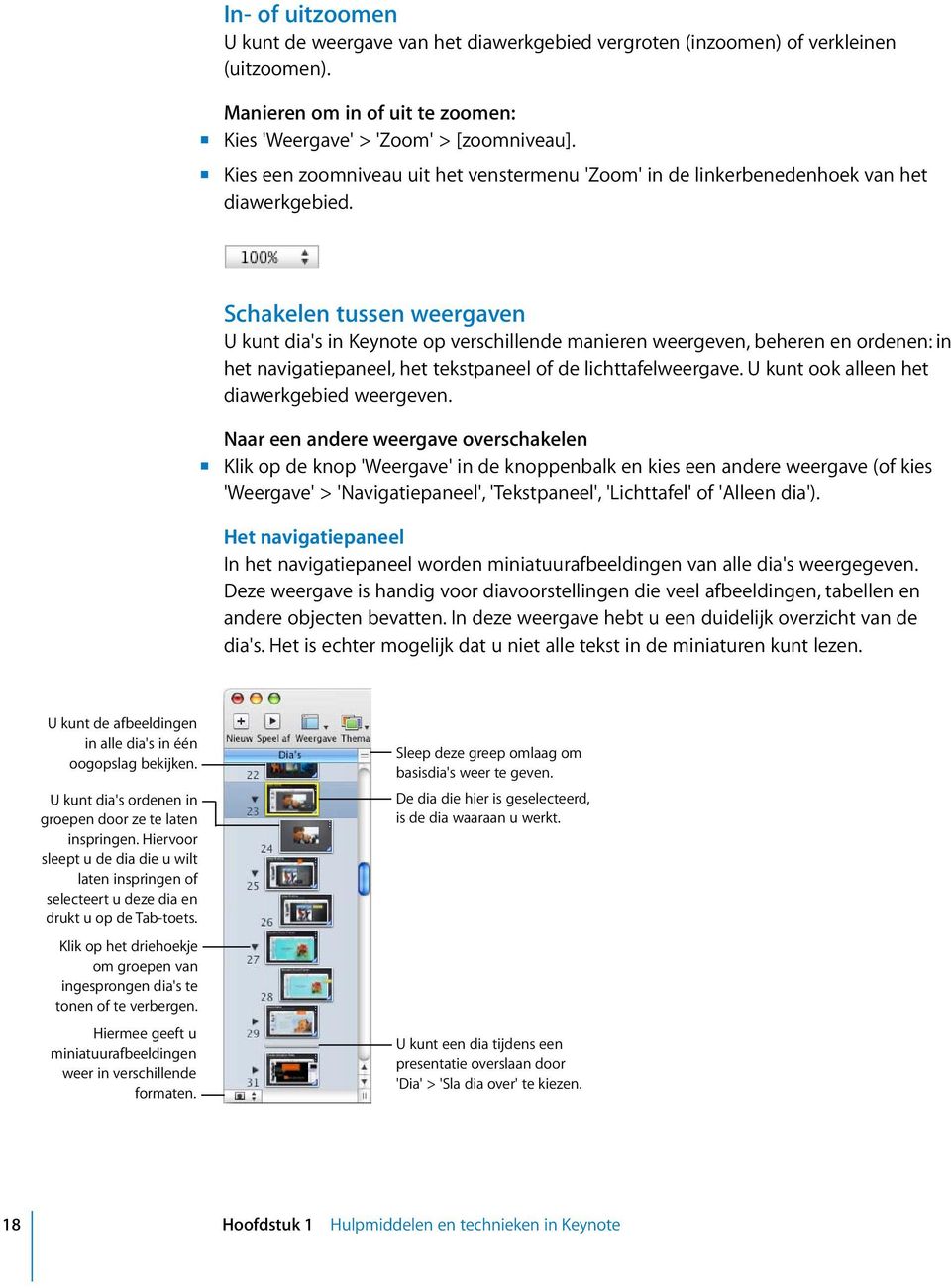 Schakelen tussen weergaven U kunt dia's in Keynote op verschillende manieren weergeven, beheren en ordenen: in het navigatiepaneel, het tekstpaneel of de lichttafelweergave.