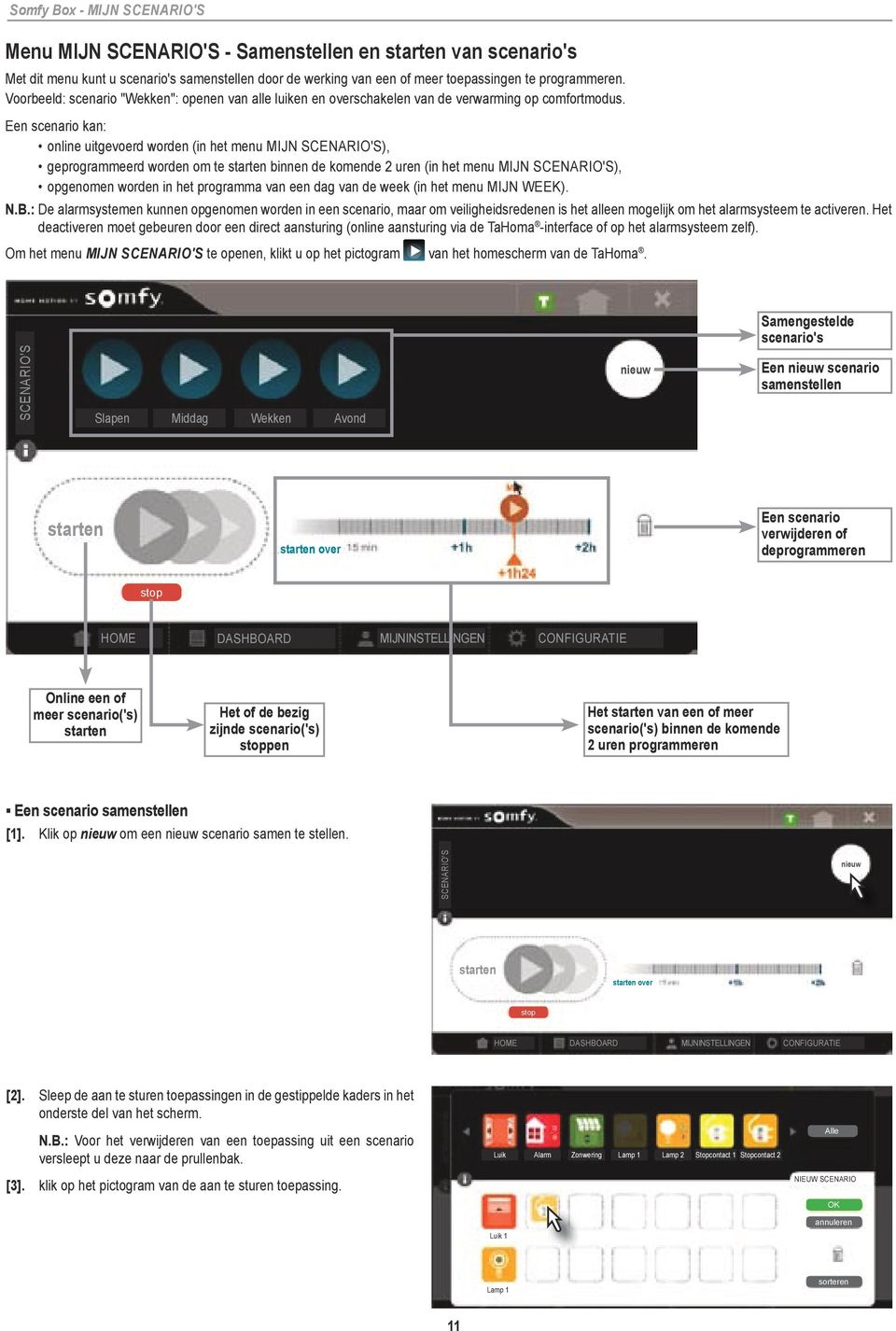 Een scenario kan: online uitgevoerd worden (in het menu mijn scenario's), geprogrammeerd worden om te starten binnen de komende 2 uren (in het menu mijn scenario's), opgenomen worden in het programma