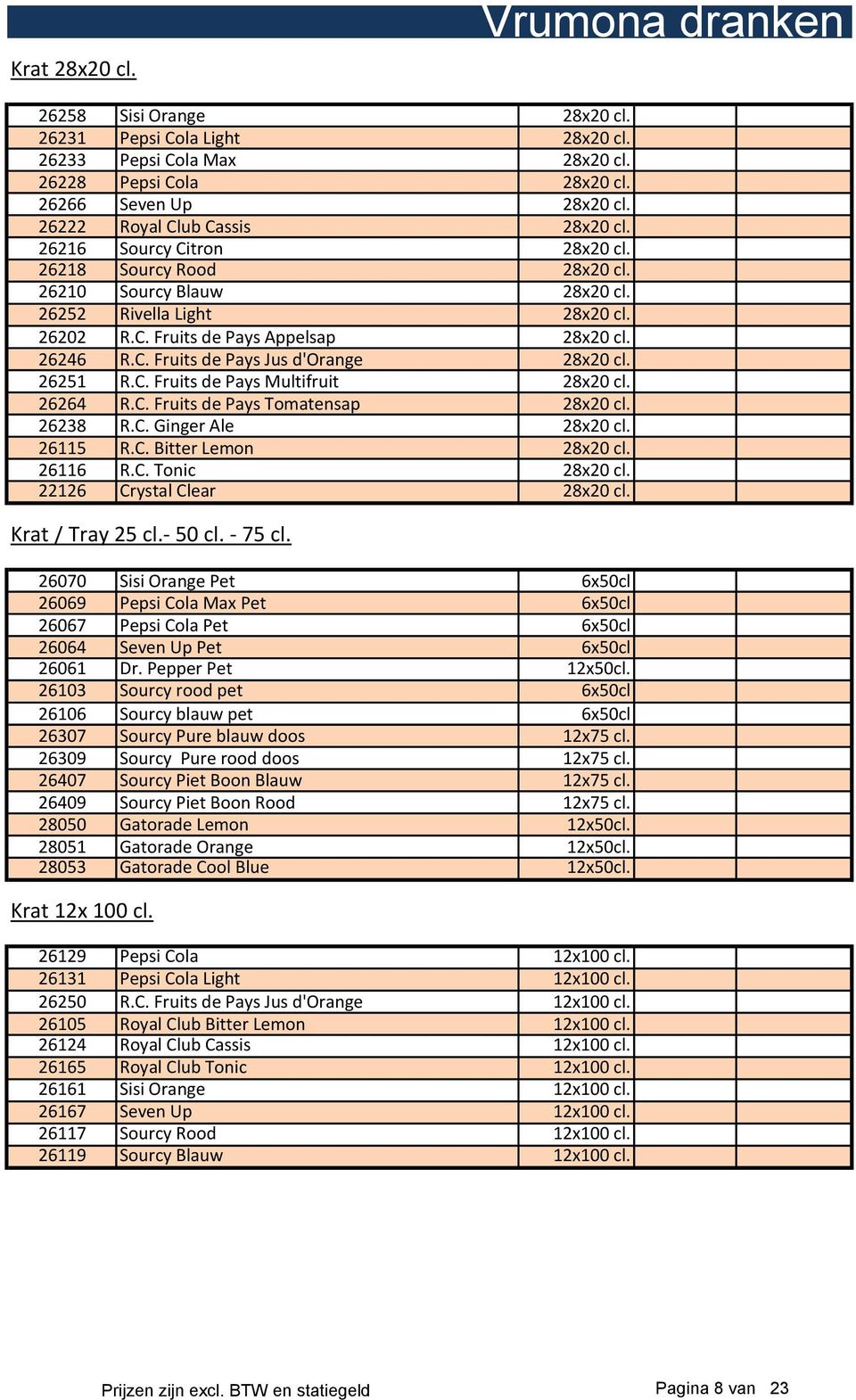 26246 R.C. Fruits de Pays Jus d'orange 28x20 cl. 26251 R.C. Fruits de Pays Multifruit 28x20 cl. 26264 R.C. Fruits de Pays Tomatensap 28x20 cl. 26238 R.C. Ginger Ale 28x20 cl. 26115 R.C. Bitter Lemon 28x20 cl.