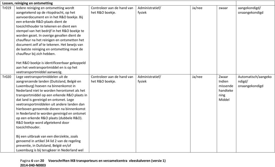 In overige gevallen dient de chauffeur na het reinigen en ontsmetten het document zelf af te tekenen. Het bewijs van de laatste reiniging en ontsmetting moet de chauffeur bij zich hebben.