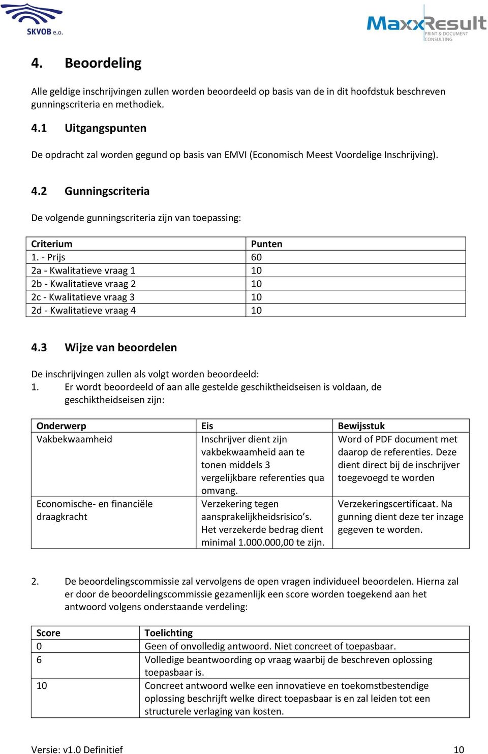 - Prijs 60 2a - Kwalitatieve vraag 1 10 2b - Kwalitatieve vraag 2 10 2c - Kwalitatieve vraag 3 10 2d - Kwalitatieve vraag 4 10 4.