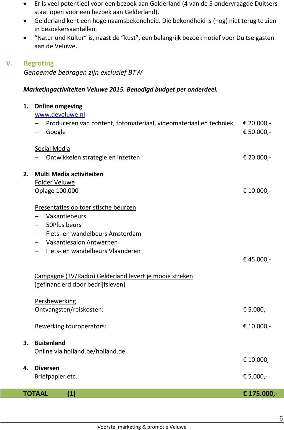 luwe. V. Begroting Genoemde bedragen zijn exclusief BTW Marketingactiviteiten Veluwe 2015. Benodigd budget per onderdeel. 1. Online omgeving www.develuwe.
