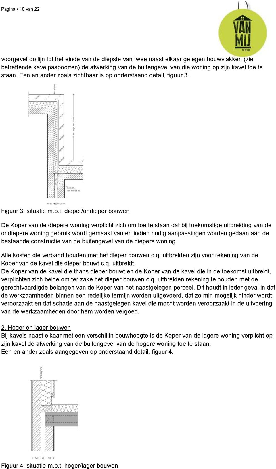 e te staan. Een en ander zoals zichtbaar is op onderstaand detail, figuur 3. Figuur 3: situatie m.b.t. dieper/ondieper bouwen De Koper van de diepere woning verplicht zich om toe te staan dat bij