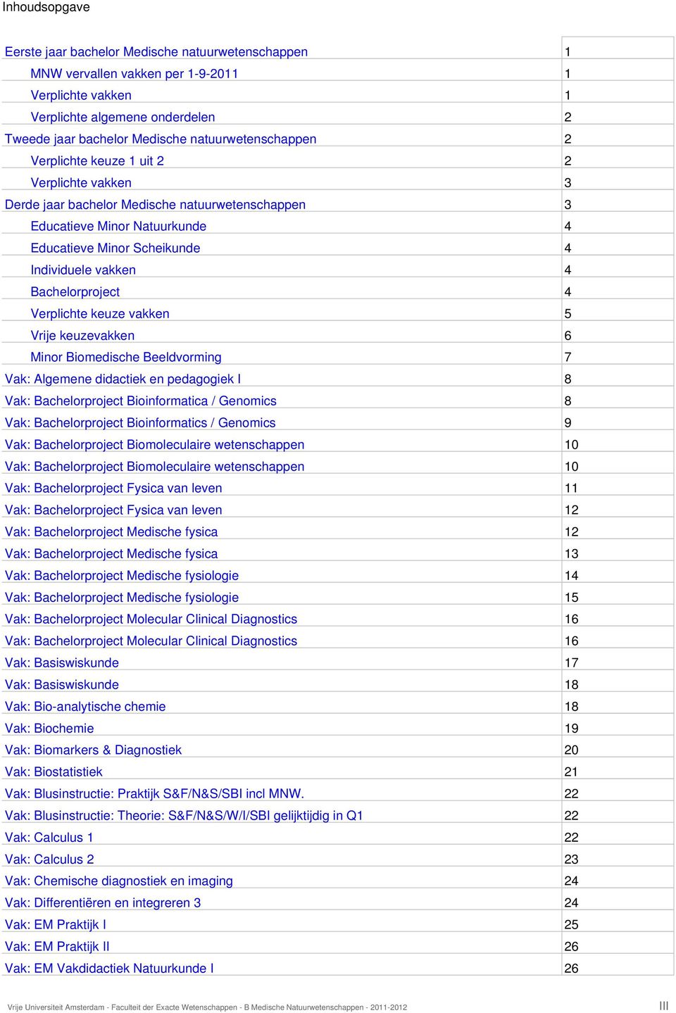 4 Bachelorproject 4 Verplichte keuze vakken 5 Vrije keuzevakken 6 Minor Biomedische Beeldvorming 7 Vak: Algemene didactiek en pedagogiek I 8 Vak: Bachelorproject Bioinformatica / Genomics 8 Vak: