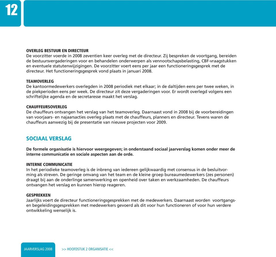 De voorzitter voert eens per jaar een functioneringsgesprek met de directeur. Het functioneringsgesprek vond plaats in januari 2008.