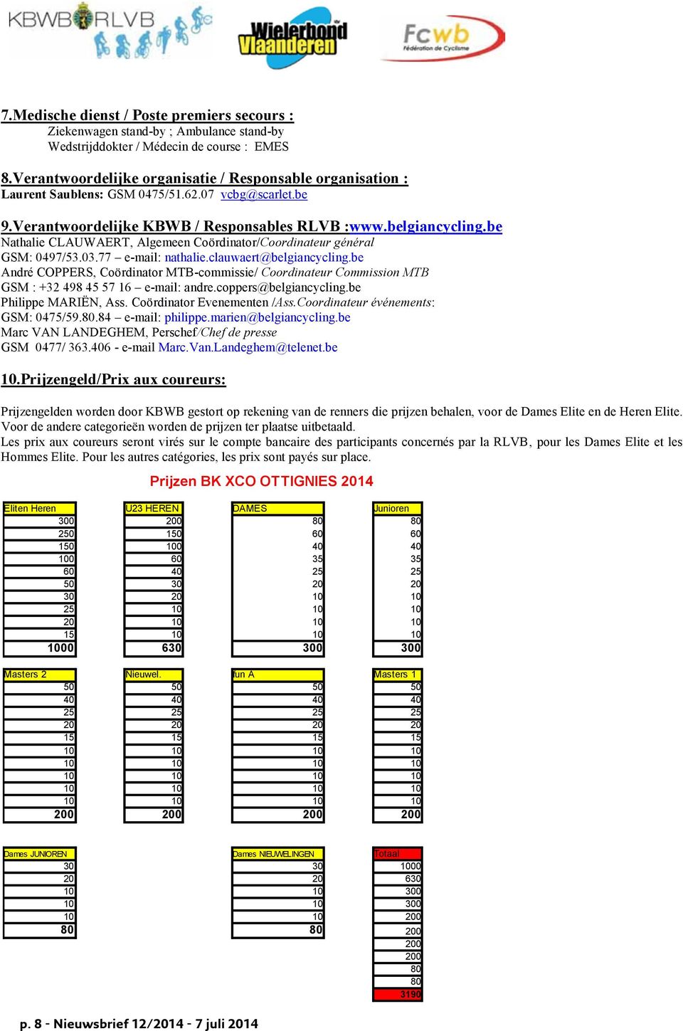 be Nathalie CLAUWAERT, Algemeen Coördinator/Coordinateur général GSM: 0497/53.03.77 e-mail: nathalie.clauwaert@belgiancycling.