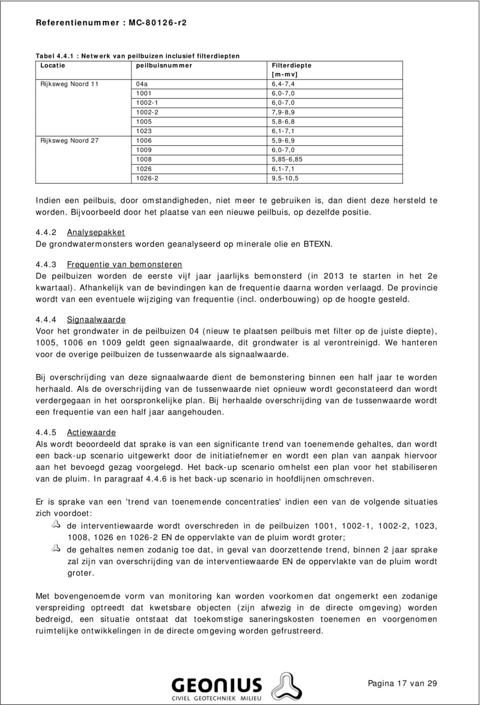 Rijksweg Noord 27 1006 5,9-6,9 1009 6,0-7,0 1008 5,85-6,85 1026 6,1-7,1 1026-2 9,5-10,5 Indien een peilbuis, door omstandigheden, niet meer te gebruiken is, dan dient deze hersteld te worden.