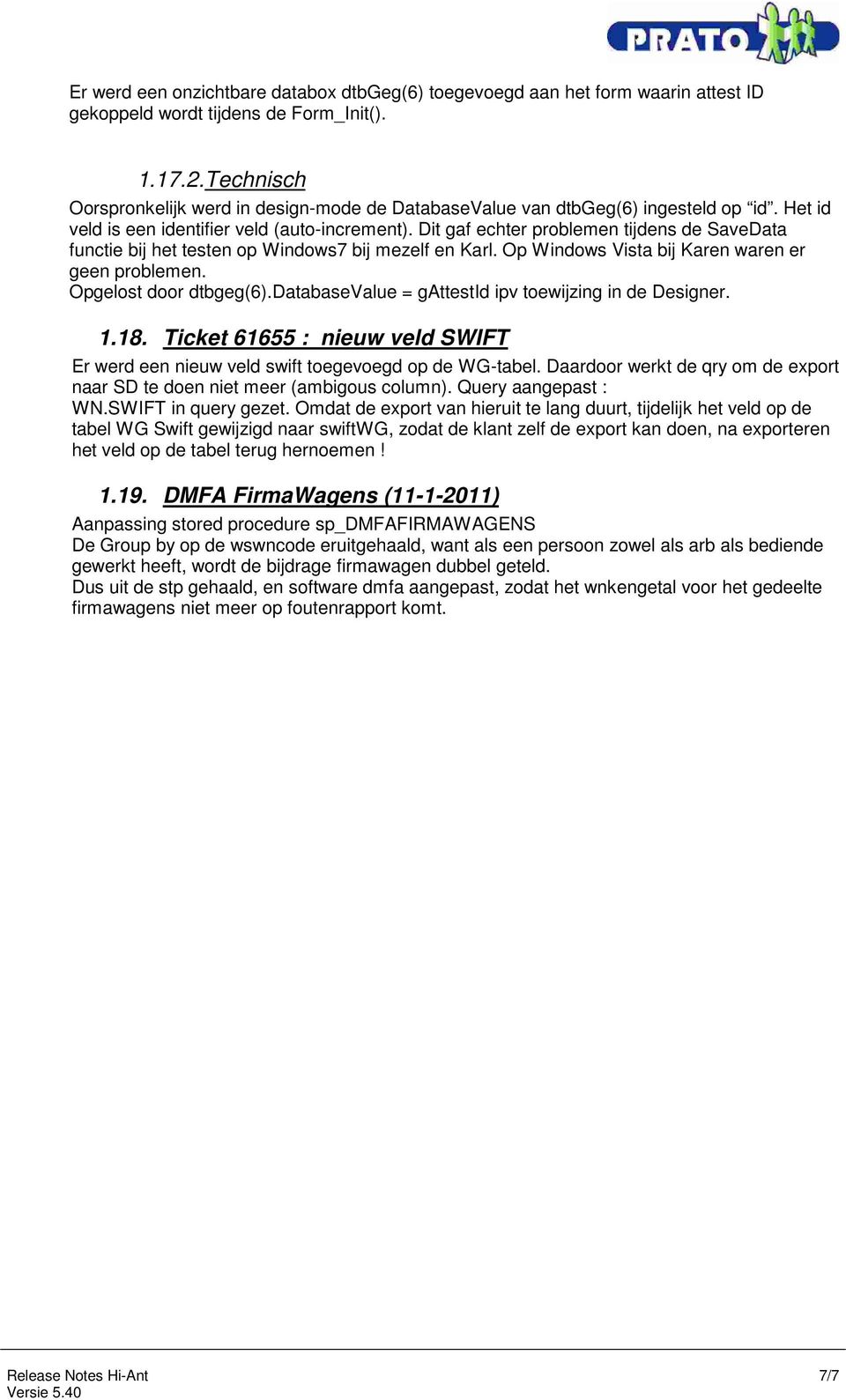 Dit gaf echter problemen tijdens de SaveData functie bij het testen op Windows7 bij mezelf en Karl. Op Windows Vista bij Karen waren er geen problemen. Opgelost door dtbgeg(6).