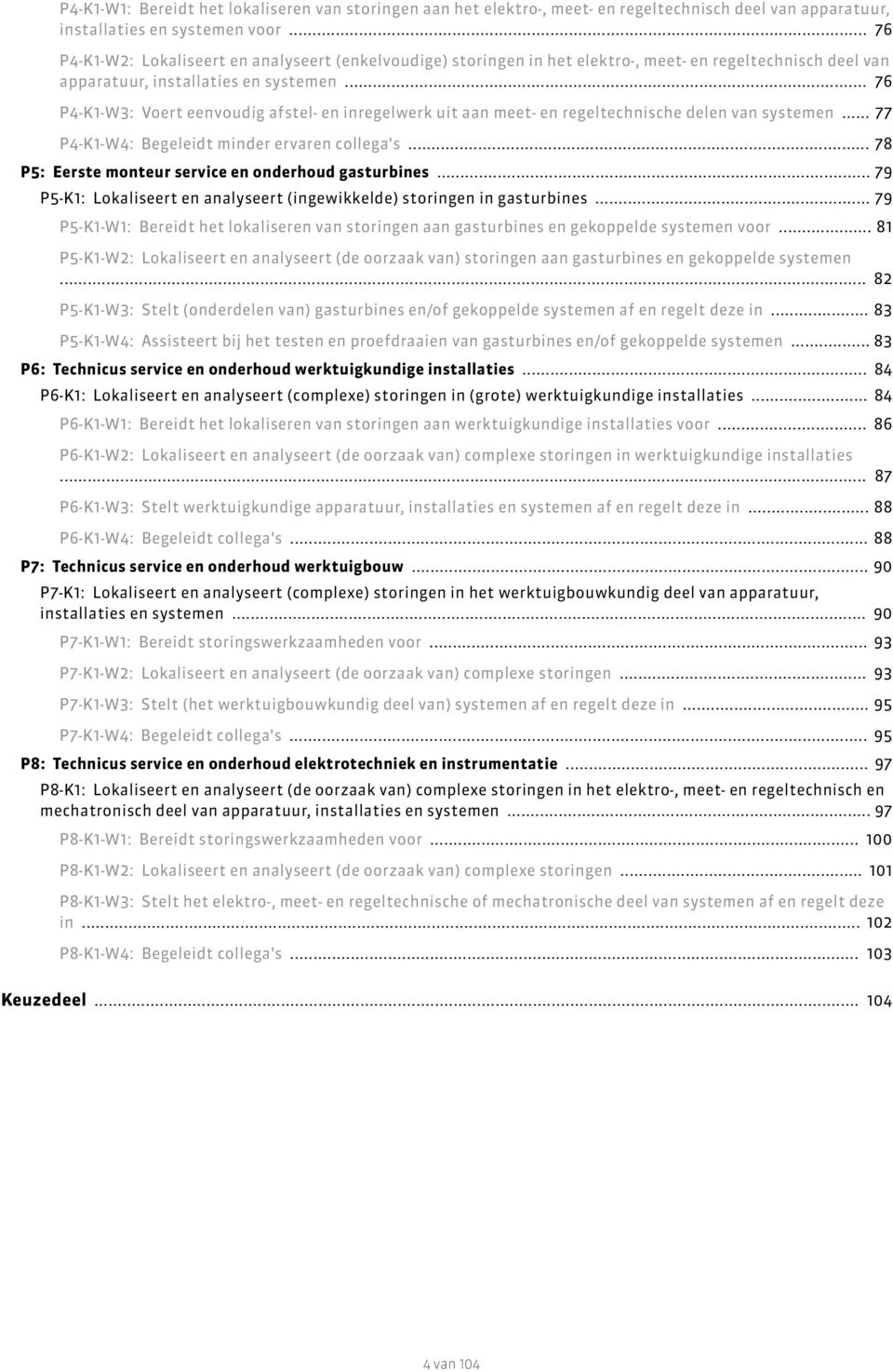 .. 76 P4-K1-W3: Voert eenvoudig afstel- en inregelwerk uit aan meet- en regeltechnische delen van systemen... 77 P4-K1-W4: Begeleidt minder ervaren collega's.