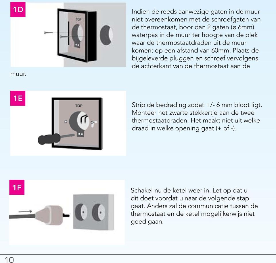 de thermostaatdraden uit de muur komen; op een afstand van 60mm.