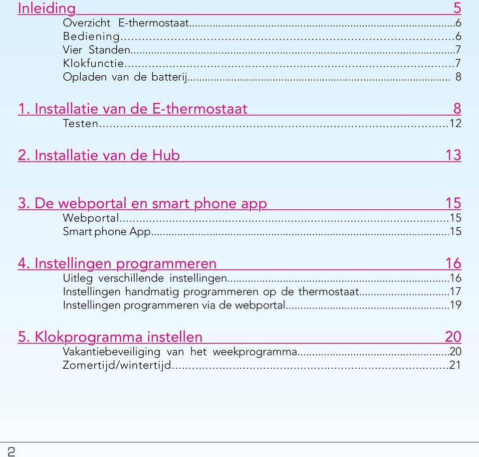 ..15 Smart phone App...15 4. Instellingen programmeren 16 Uitleg verschillende instellingen.