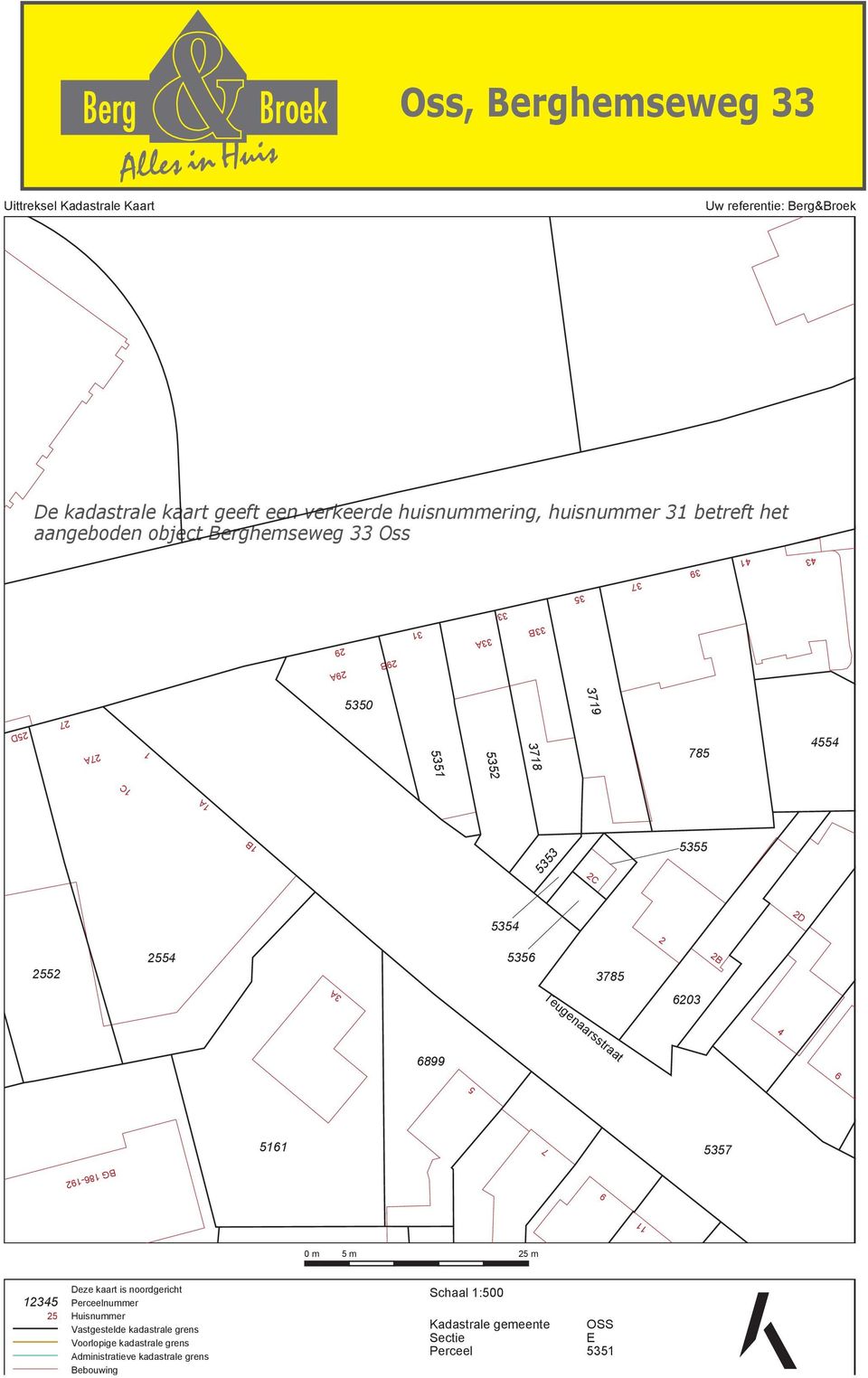 7 5357 9 11 0 m 5 m 25 m 12345 25 Deze kaart is noordgericht Perceelnummer Huisnummer Vastgestelde kadastrale grens Voorlopige kadastrale grens Administratieve kadastrale grens Bebouwing Overige