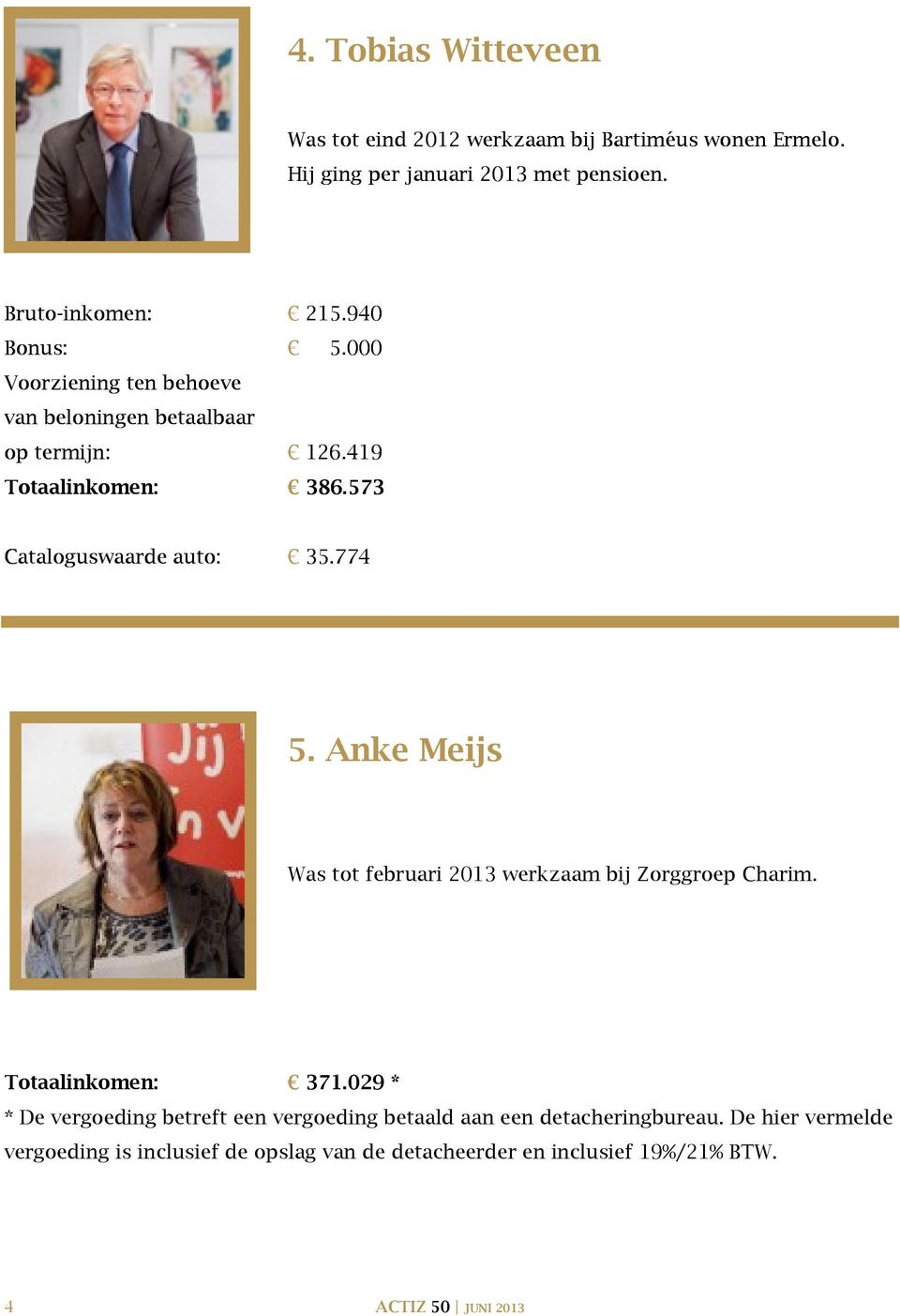 774 5. Anke Meijs Was tot februari 2013 werkzaam bij Zorggroep Charim. Totaalinkomen: 371.
