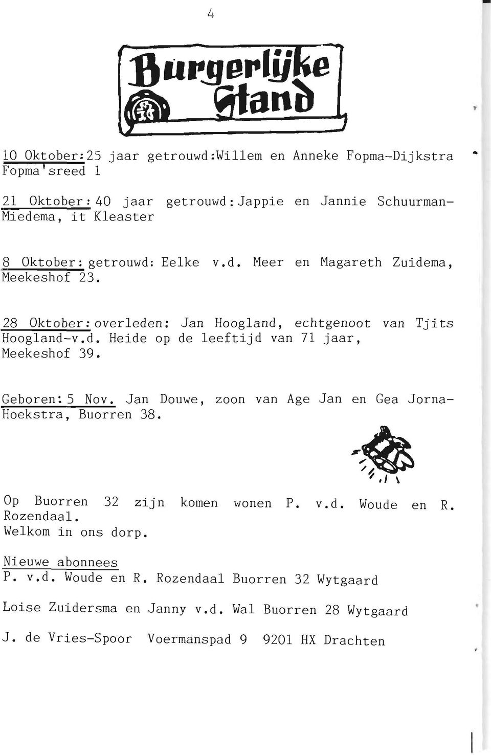 getrouwd: Eelke v. d. Meer en Magareth Zuiderna, Meekeshof 23. 28 Oktober: overleden: Jan Hoogland, echtgenoot van Tj i ts Hoogland-v.d. Heide op de leeftijd van 71 jaar, Meekeshof 39.