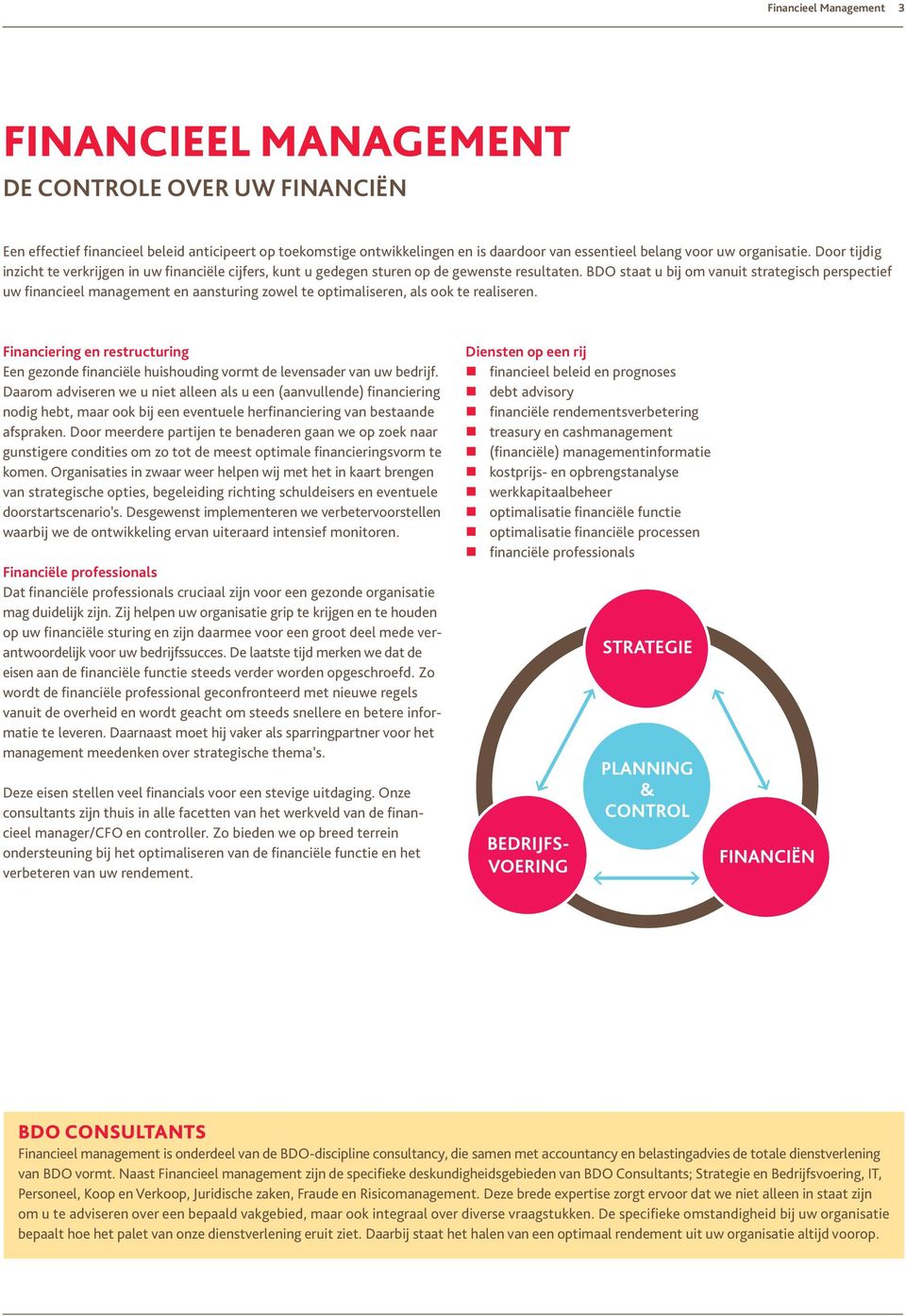 BDO staat u bij om vanuit strategisch perspectief uw financieel management en aansturing zowel te optimaliseren, als ook te realiseren.