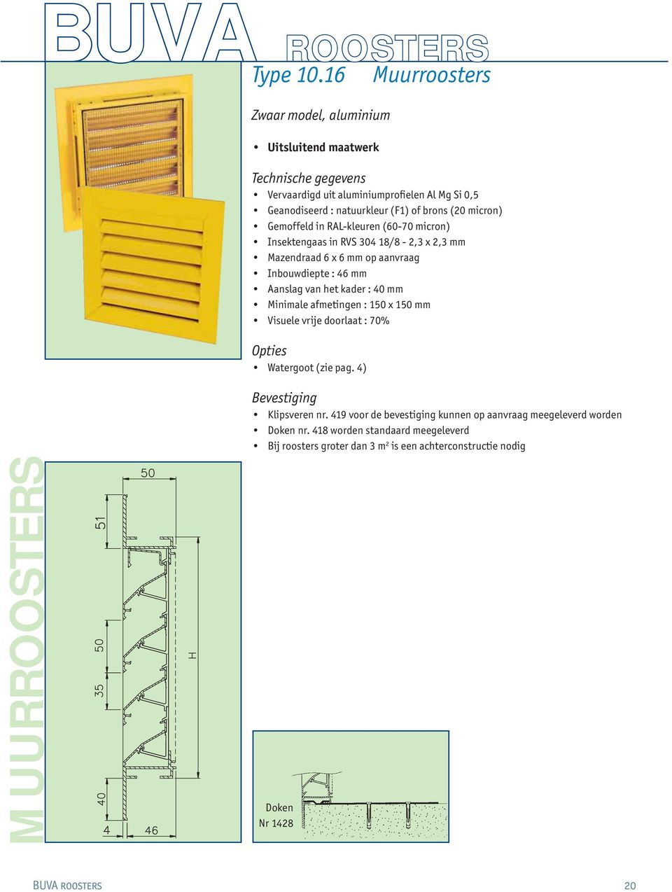 18/8-2,3 x 2,3 mm Mazendraad 6 x 6 mm op aanvraag Inbouwdiepte : 46 mm Aanslag van het kader : 40 mm Minimale afmetingen : 150 x 150 mm Visuele